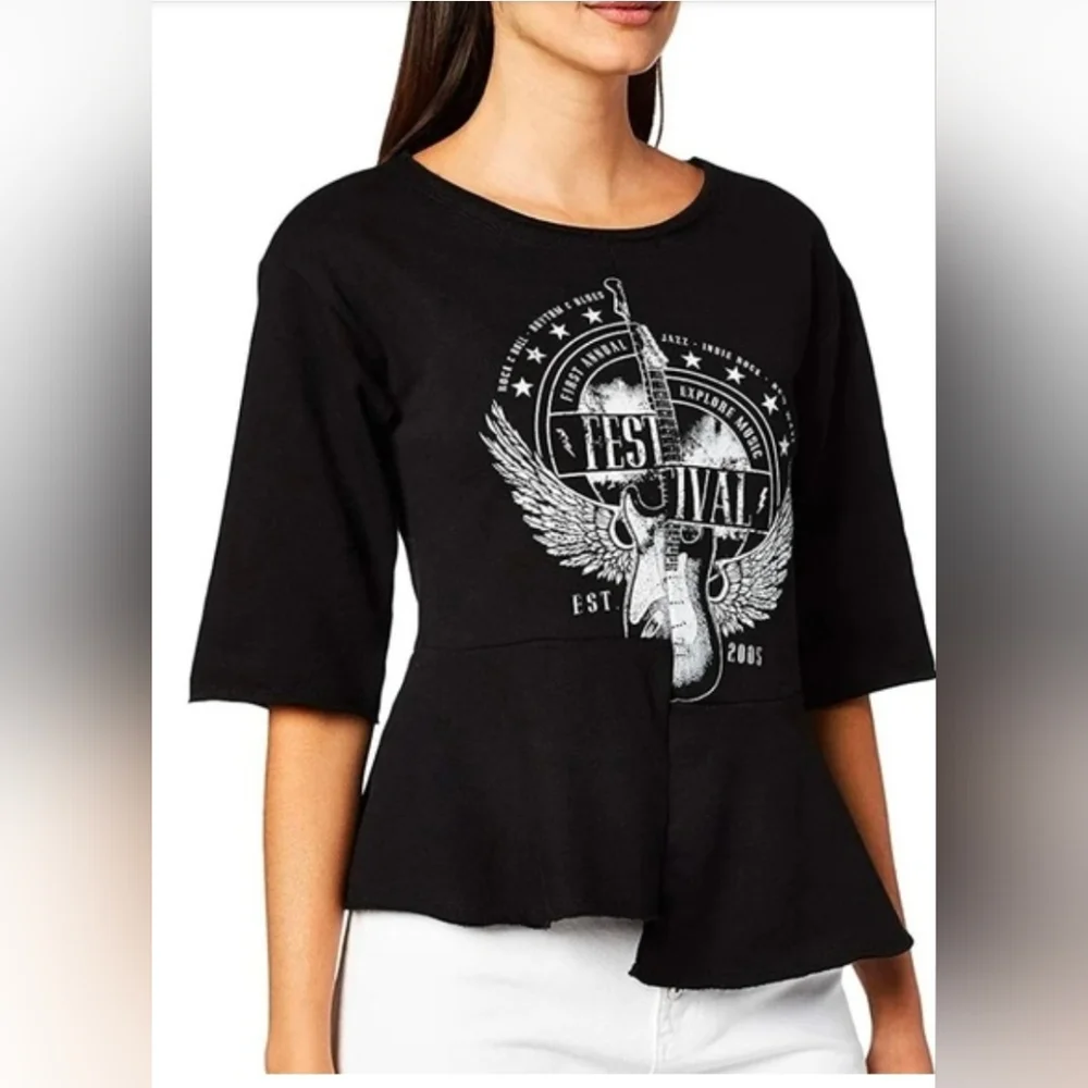 WILLIAM RAST Festival Guitar Graphic Peplum Top Black 1/2 Sleeves Sz Large - Picture 1 of 12